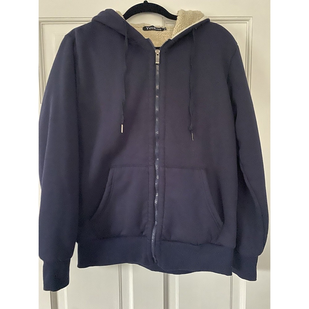 Yeokou‎ Men's Sherpa Lined Zip Hoodie Size XL Navy Blue Hooded Pockets LQ-0772